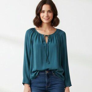 Aritzia Babaton Tie Front Blouse Forest Green Teal Scoop neck Size Drapey XXS